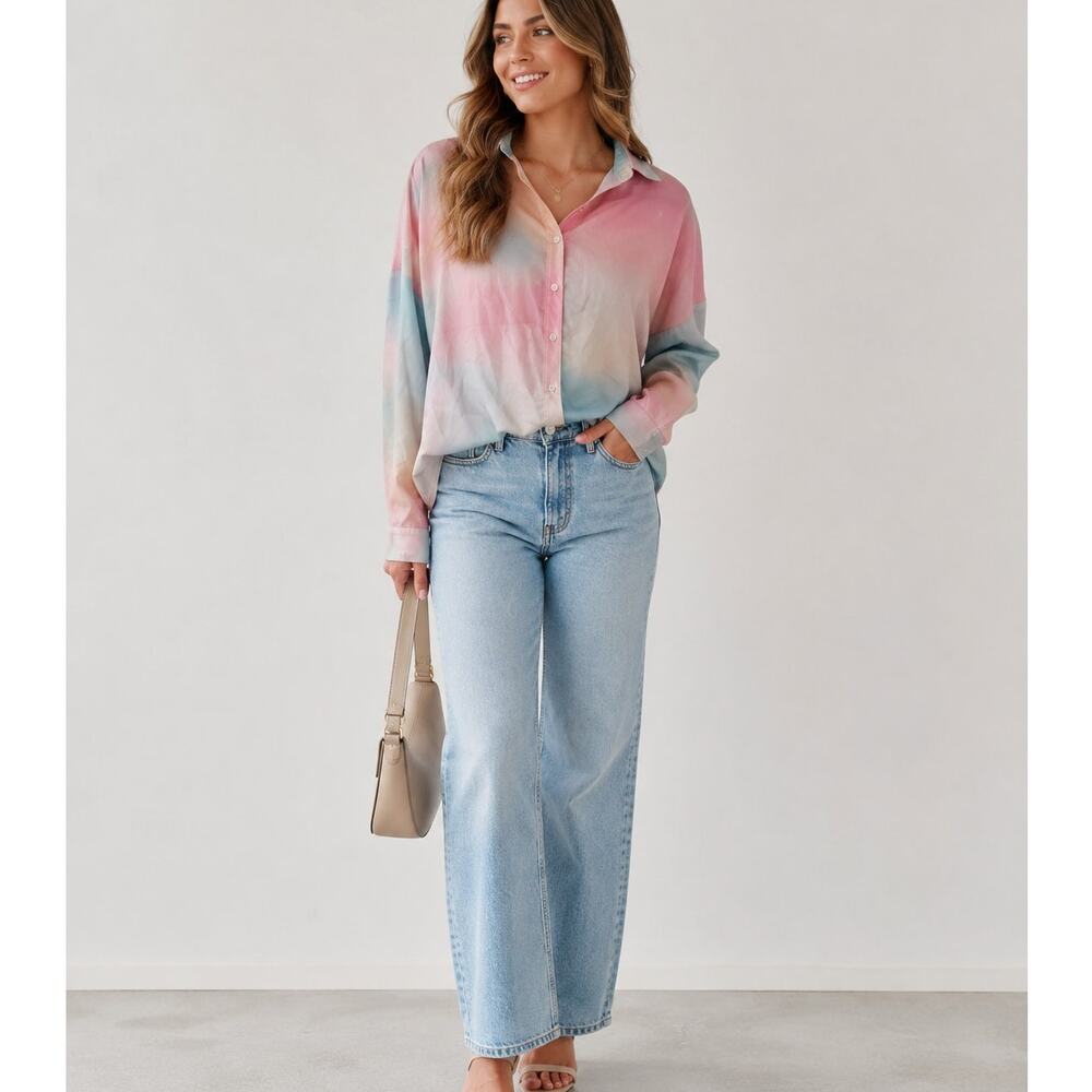 Superdown Revolve Watercolor Pastel Button Down Shirt Womens XS Casual Spring